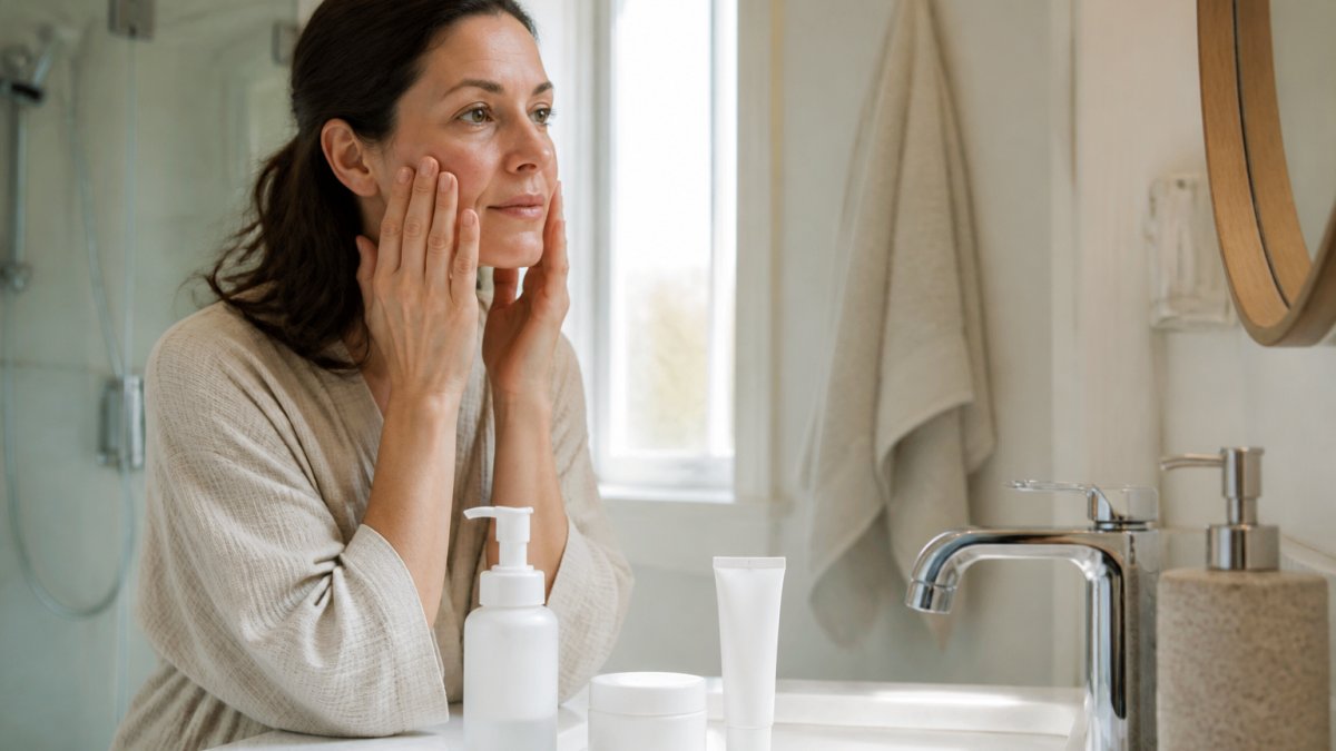 A woman in her forties at a bathroom sink in soft morning light, applying moisturizer to her face, with a gentle cleanser and a tube of acne treatment arranged on the counter beside her