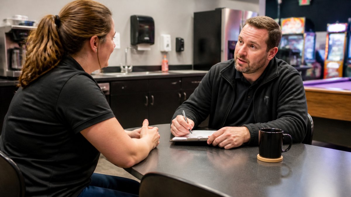 Manager providing feedback to an employee while managing entertainment center staff in a casual break room setting.