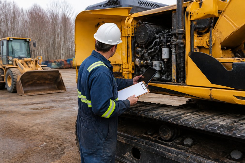 Mechanic inspecting an excavator with a tablet to lower equipment costs during routine maintenance
