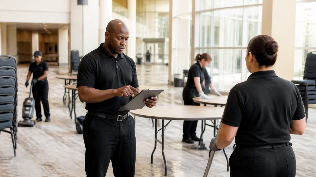Professional event staff coordinating during venue reset with team members assigned to different zones, supervisor reviewing checklist, natural facility lighting
