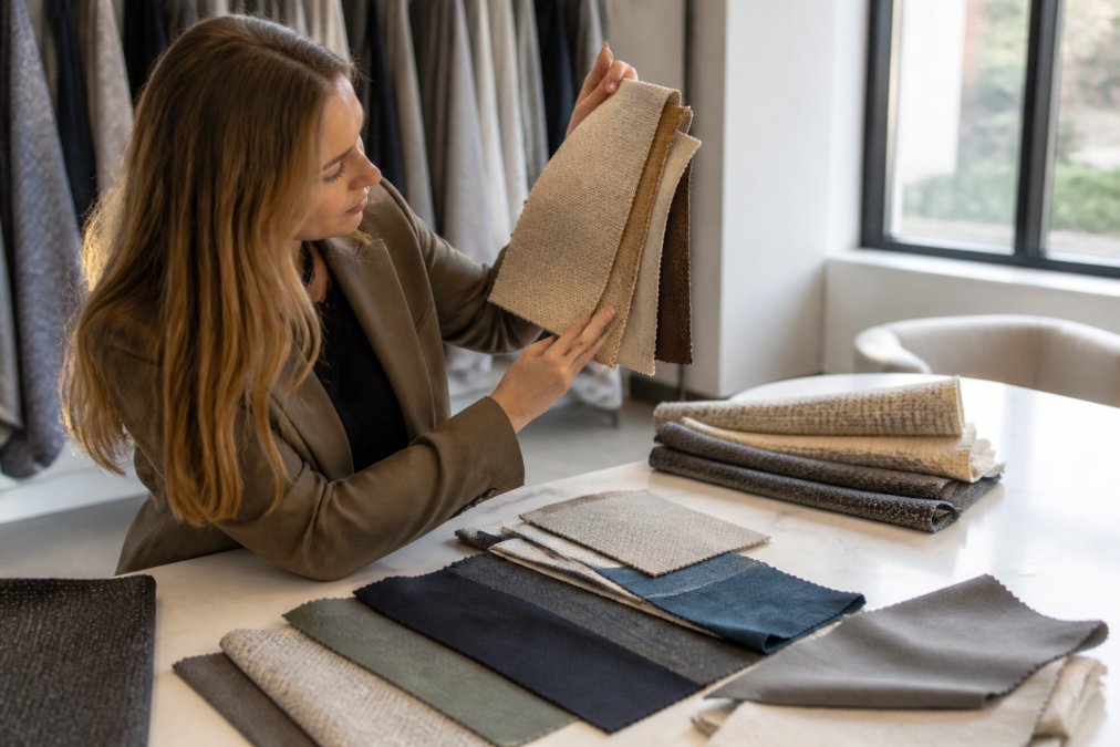 Designer or product manager examining multiple fabric swatches held up to natural light at a supplier showroom, comparing textures and colors across different textile samples on a white marble table
