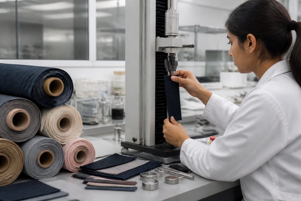 Quality control technician performing textile durability testing on fabric samples at a work station, hands testing seam strength and color fastness with specialized equipment, fabric rolls and testing tools visible on the work surface