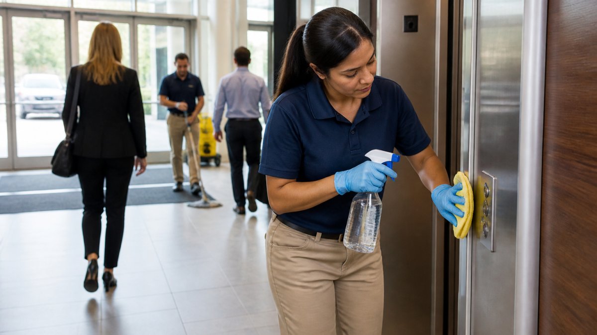 A cleaning technician in gloves and a uniform wiping down a high-touch door handle and elevator button panel in a busy commercial lobby, with a spray bottle and microfiber cloth visible, other workers moving through the background