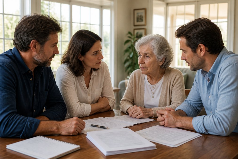Three adult siblings and their elderly parent sitting together at a dining table, having a calm, focused conversation with legal documents, notes, and a pen in front of them, natural afternoon light streaming through windows