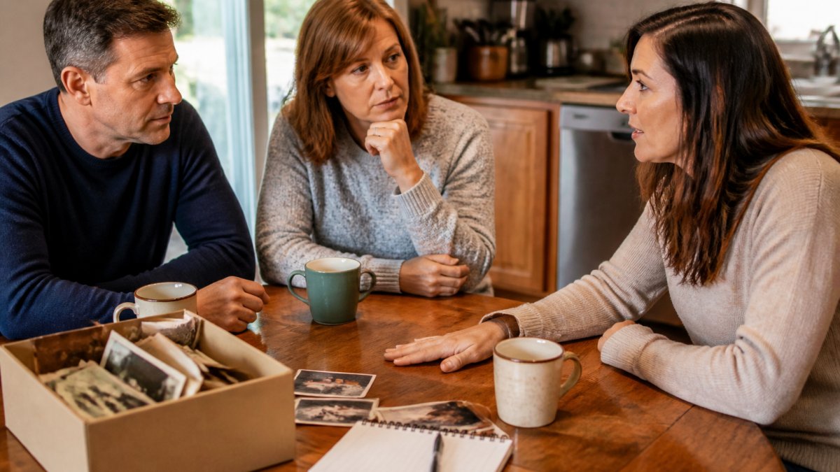 Process diagram for navigating family conflict during estate sales while siblings discuss items at a kitchen table.