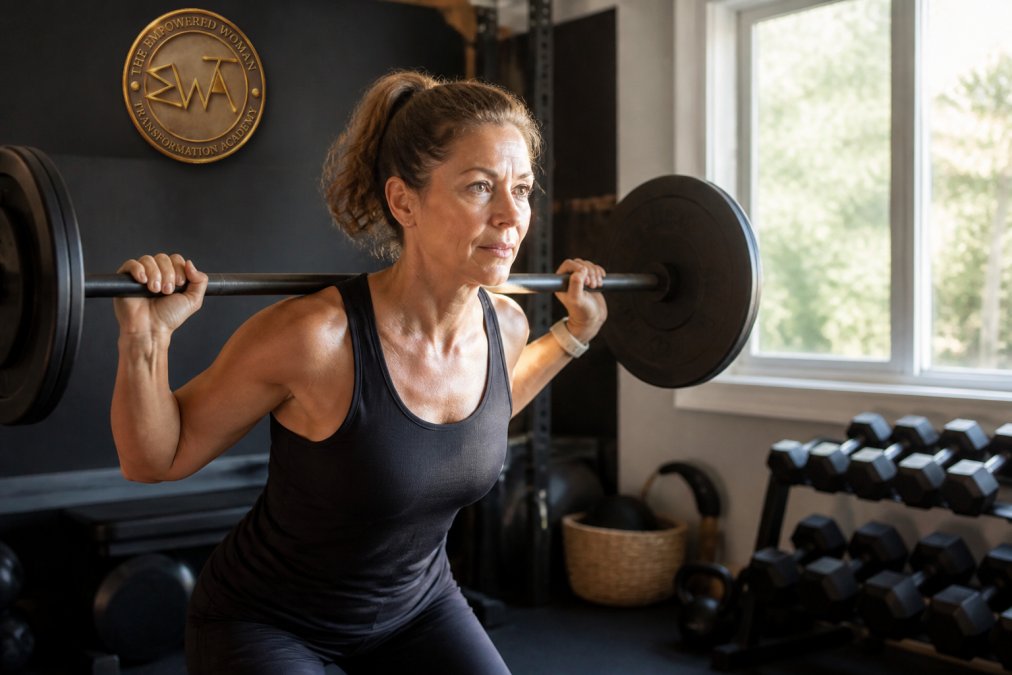 Woman in her 40s doing strength training in a home gym, lifting weights with focused energy and determination, natural daylight streaming through a nearby window