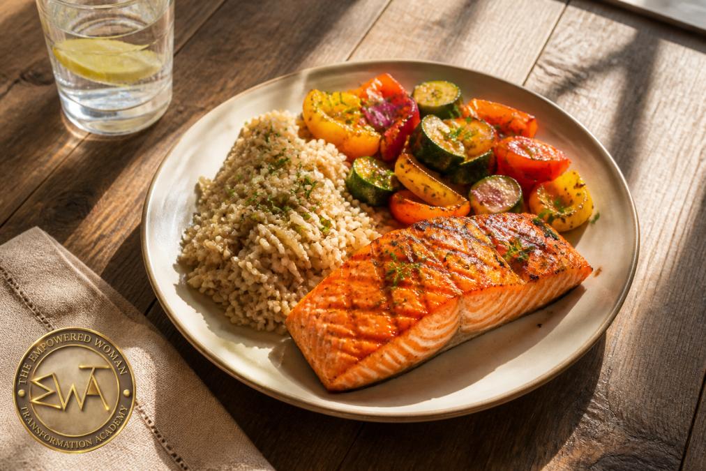 Balanced plate with grilled salmon, colourful roasted vegetables, brown rice, and fresh herbs on a wooden table with morning sunlight illuminating the food