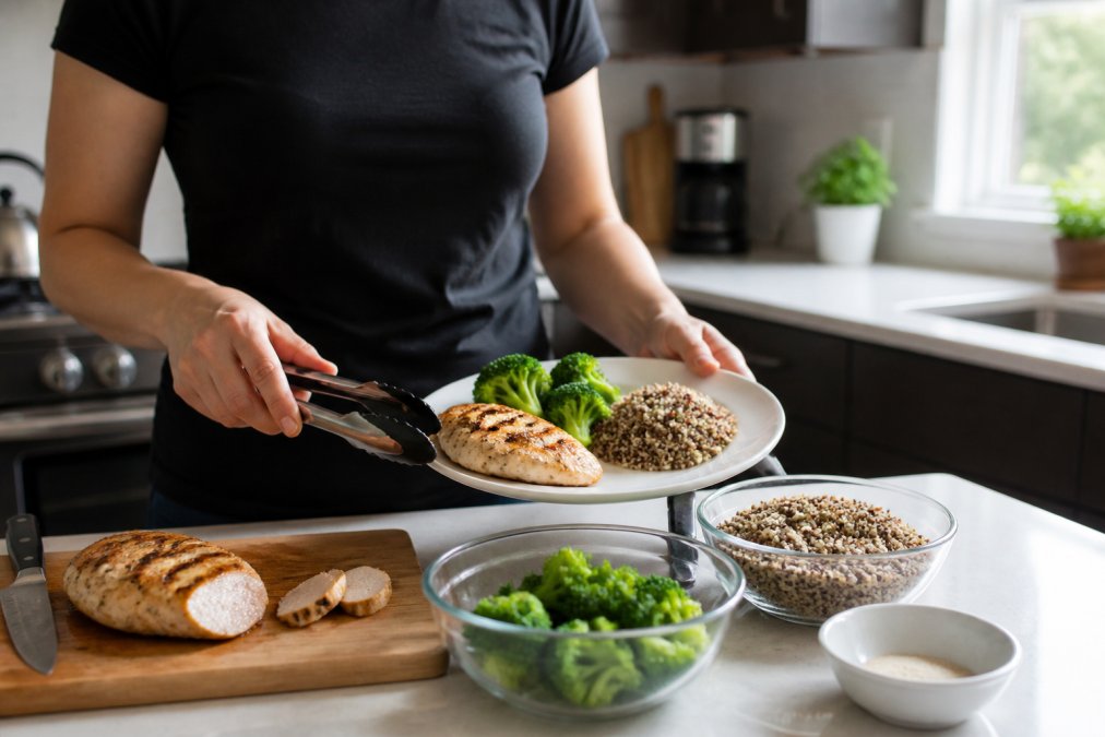 Person preparing a balanced meal with grilled chicken breast, steamed broccoli, and quinoa on a white plate in a bright kitchen with natural window lighting