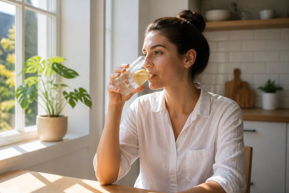 Person drinking water from a clear glass with fresh lemon slices, sitting by a sunny window in a calm kitchen setting