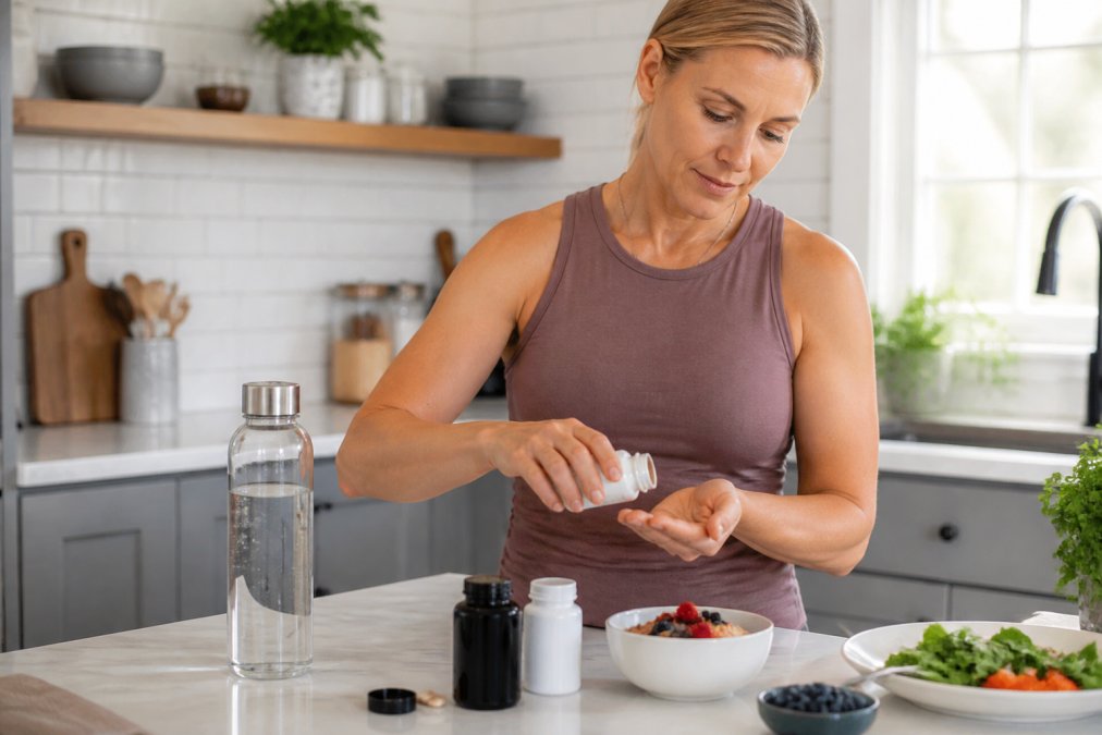 Person preparing a healthy morning routine with supplements to support managing fatigue while taking glp-1 medications