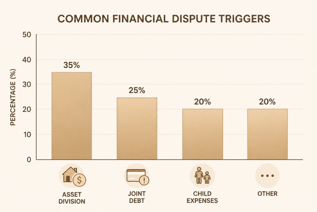 Bar chart showing common financial dispute triggers: asset division 35%, joint debt 25%, child expenses 20%, other 20%