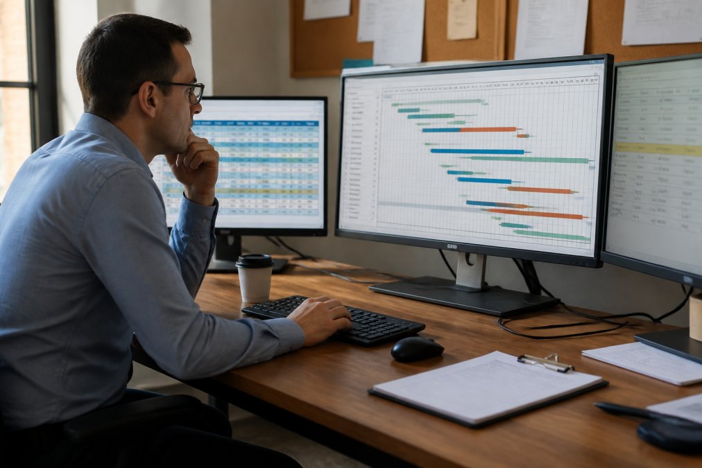 Business professional at a desk analysing workforce data on multiple screens, showing scheduling software and labour metrics
