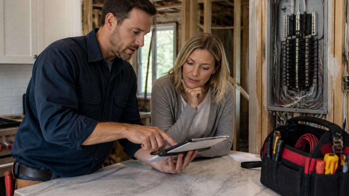 A licensed electrician and a homeowner reviewing electrical plans on a tablet at a kitchen bench, with a switchboard and tool bag visible in the background of a partially renovated home