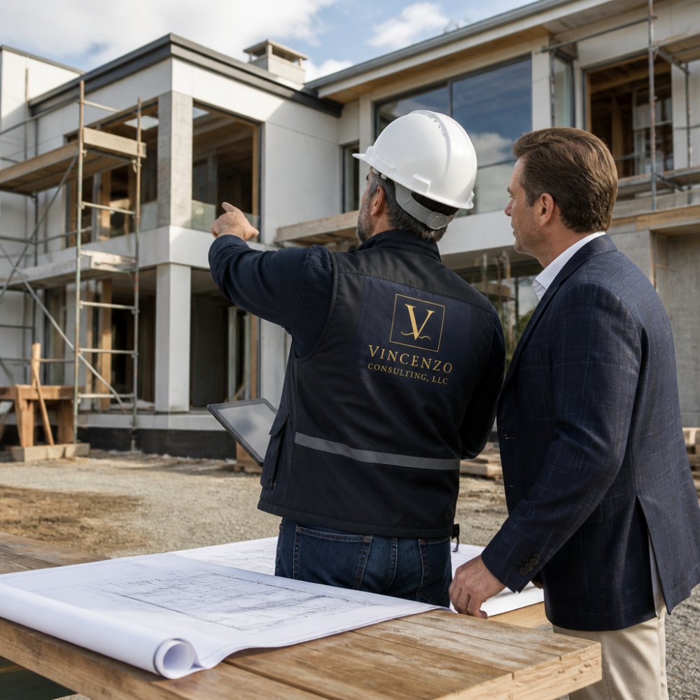 A construction site supervisor and project owner reviewing progress on a tablet while pointing at a partially built luxury home, with blueprints on a nearby table