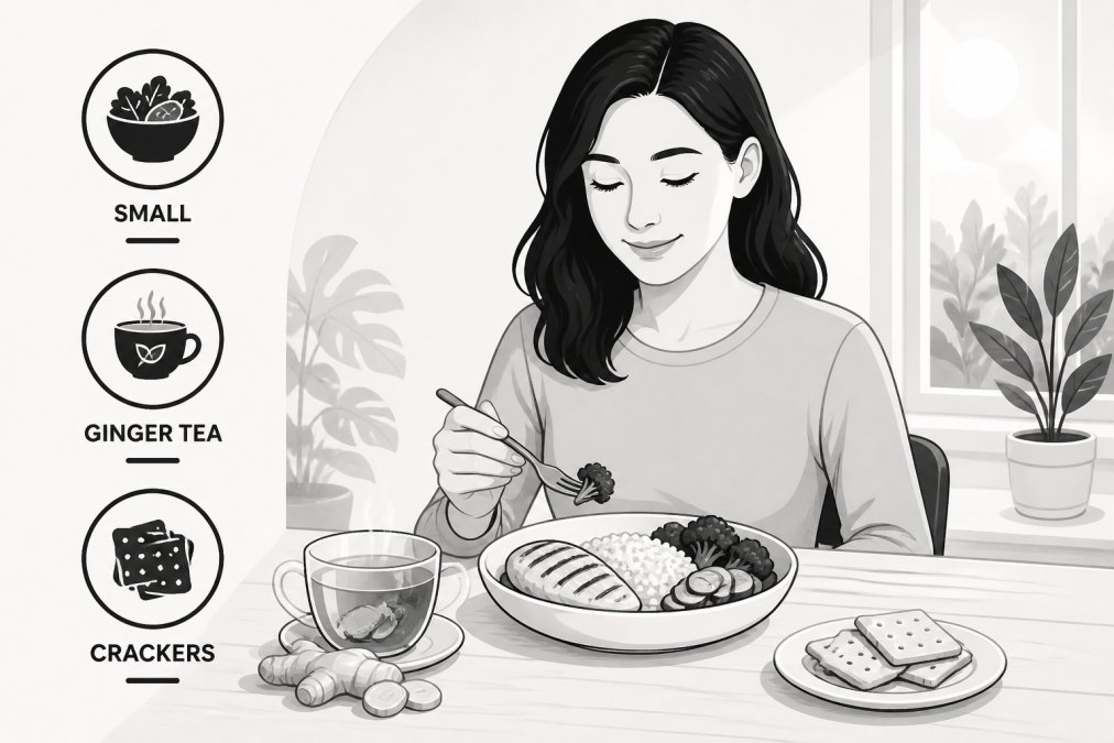 Person eating a small, balanced meal with ginger tea and crackers on a light wooden table, appearing calm and comfortable in natural morning light
