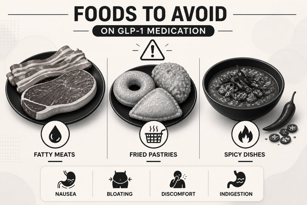 Close-up of various foods including fatty meats, fried pastries, and spicy dishes arranged on a table with a subtle 'caution' context, natural overhead lighting