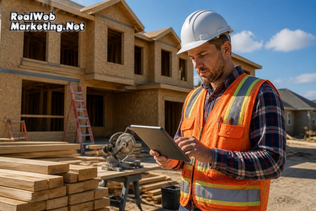 A contractor in a hard hat and safety vest reviewing job schedules on a tablet at a residential construction site, with lumber and tools in the background under bright daylight