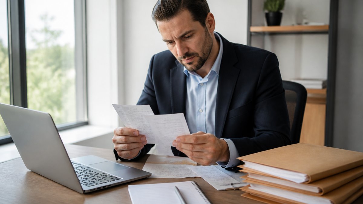Professional business person reviewing ground transportation receipts and expense documentation at desk with laptop, organized file folders, and notepad in modern office setting with natural window lighting