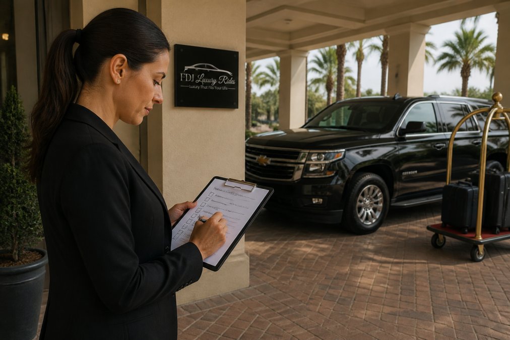 Event planner reviewing a group transportation checklist on a tablet by a luxury SUV outside a hotel
