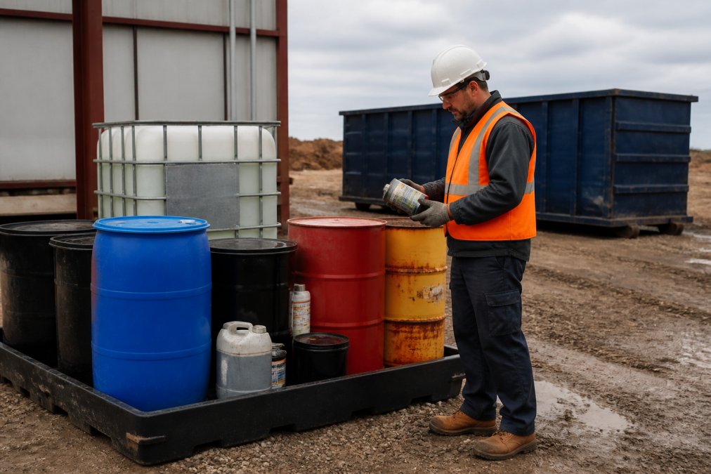 A construction site worker in safety gear inspecting labeled hazardous waste containers stored in a designated containment area, with a roll-off dumpster visible in the background