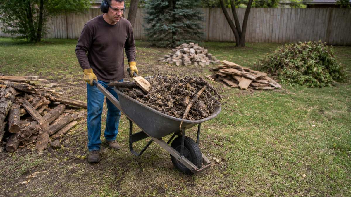 Homeowner in work gloves and safety gear using a wheelbarrow to move broken branches and wood debris across a residential yard, with organized piles of sorted materials visible in the background