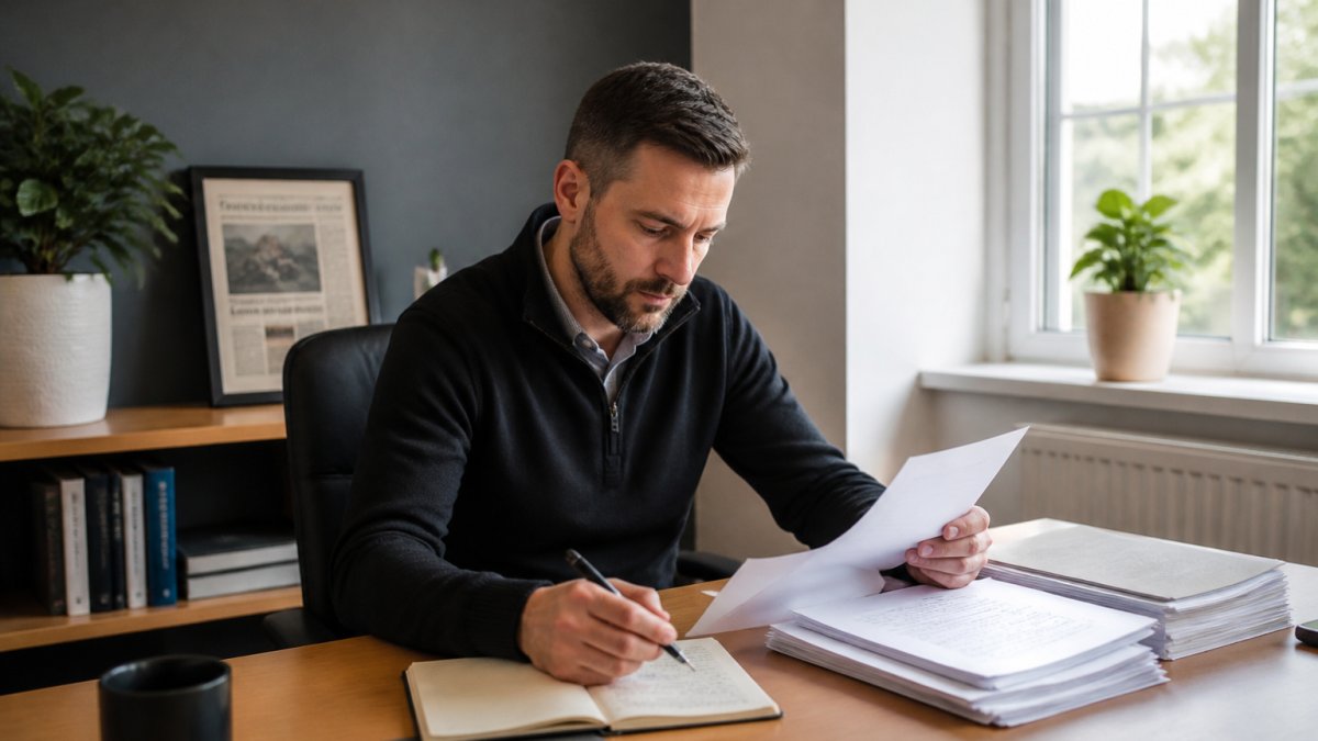 Professional property manager sitting at a desk reviewing complaint documents and notes with focused attention, natural office lighting streaming through windows