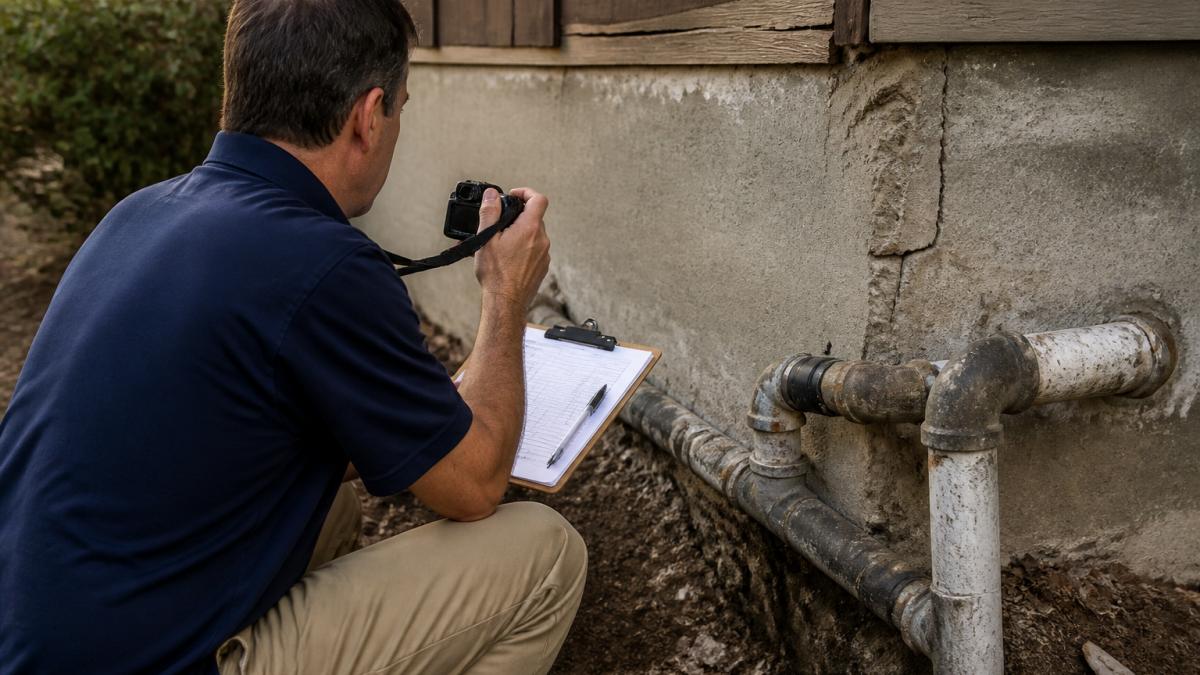 Property manager inspecting concrete foundation and aging pipes while managing HOA reserve funds for aging infrastructure