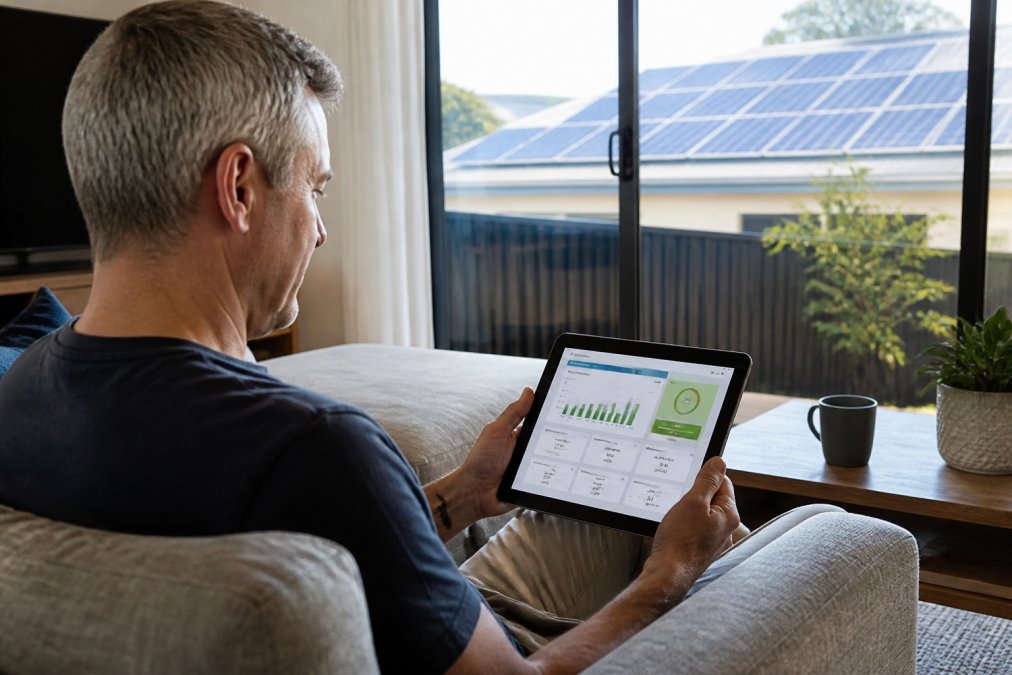 Homeowner reviewing energy consumption data on a smart home energy management system dashboard displayed on a tablet in their living room, with solar panels visible through the window in natural afternoon light