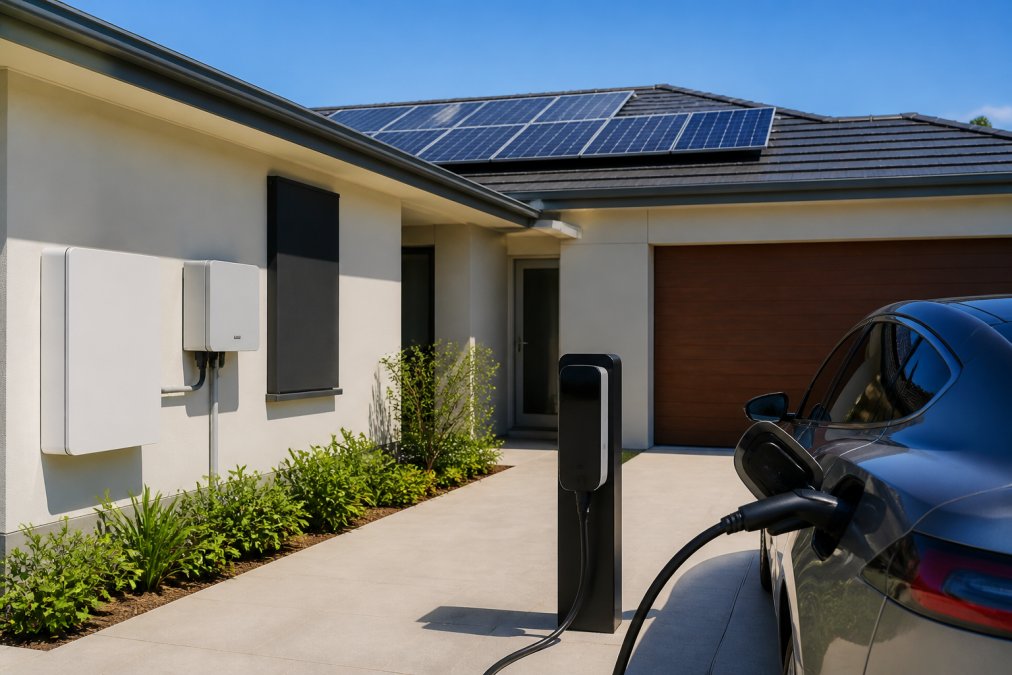 Modern home exterior showing solar panels on the roof in bright sunlight, battery storage unit mounted on the wall, and electric vehicle charging station in the driveway with a vehicle plugged in