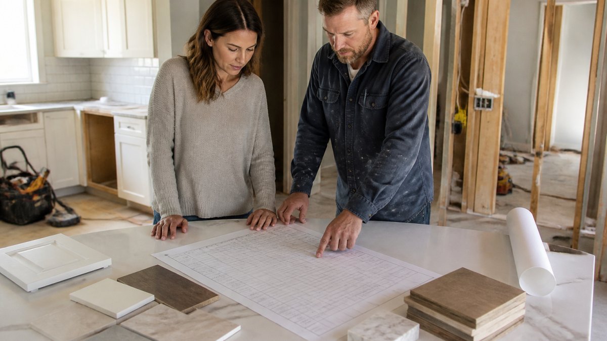 Homeowner and contractor reviewing a printed remodel project timeline on a kitchen island during a renovation