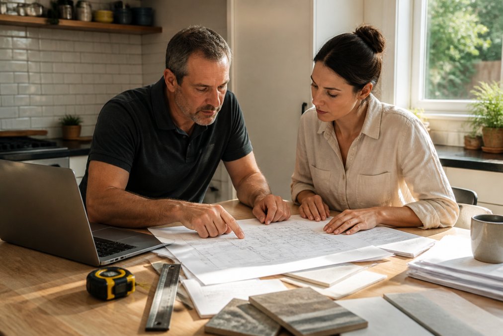 A homeowner and an architect reviewing renovation blueprints and permit paperwork spread across a kitchen table, with a laptop open to a town building department website, warm afternoon light through the window