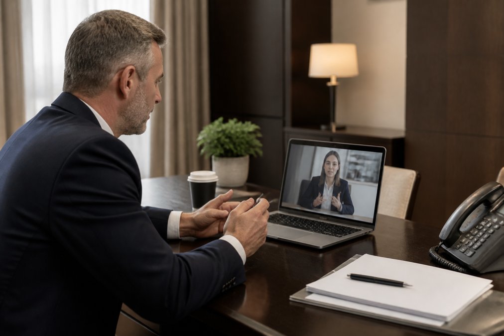 Hotel manager or IT director on a video call with a breach response team member, sitting at a desk with multiple monitors displaying security alerts and incident logs in real-time