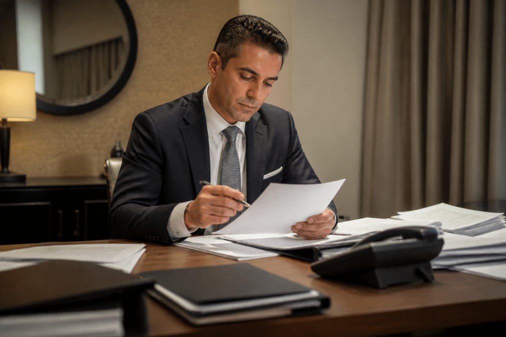 Professional in a hotel office reviewing breach notification documents and typing on a laptop, with a phone nearby, representing the process of managing breach notification and insurance claim documentation