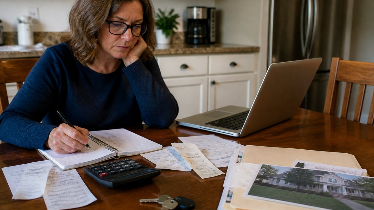 A person at a kitchen table reviewing a household budget notebook with repair receipts, a calculator, and a laptop showing a spreadsheet, with a house key and folder of estate documents nearby