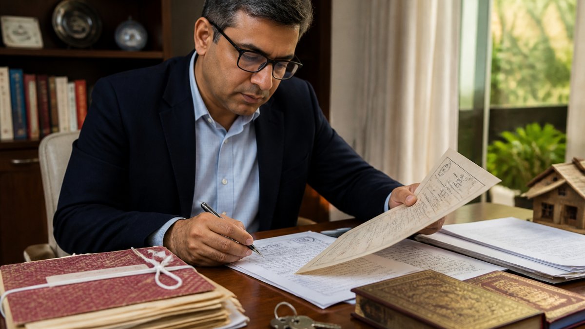 Professional reviewing property deeds and keys while managing indian ancestral property from abroad documentation