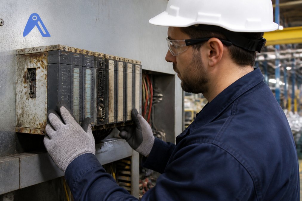 Maintenance technician inspecting a worn industrial PLC control module mounted on a factory floor, with faded labeling and visible corrosion, natural factory lighting