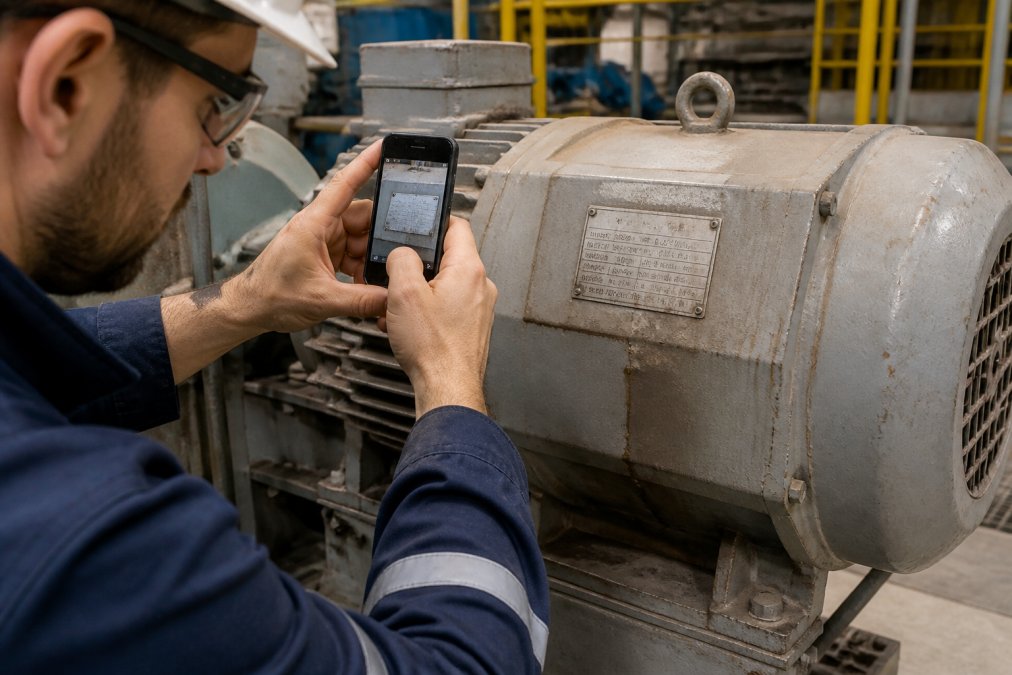 Maintenance worker photographing a faded industrial equipment nameplate with a smartphone, close-up of worn metal label with part numbers and date codes visible, factory floor background