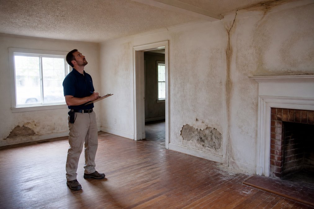 Property inspector standing in vacant living room with clipboard, examining wall damage and structural elements for cracks and moisture