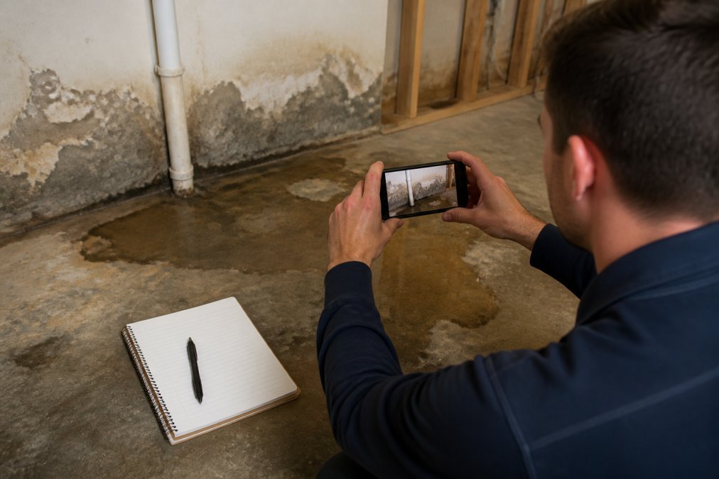 A homeowner taking photos with a smartphone of water-stained walls and damaged flooring in a flooded basement, with a notepad and pen nearby for inventory notes