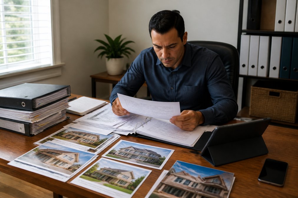 Professional real estate investor reviewing multiple property insurance documents and rental property portfolios at a wooden desk with organized files, property photos, and digital devices showing property management software