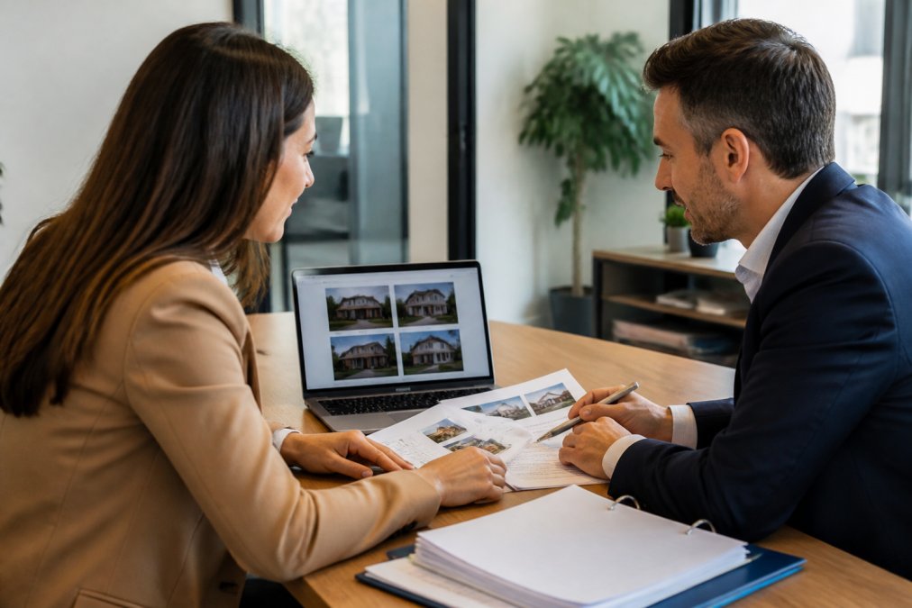 Insurance professional meeting with a rental property owner at a modern office desk, reviewing consolidated insurance documents and property portfolio details on a laptop, with organized files and property information visible