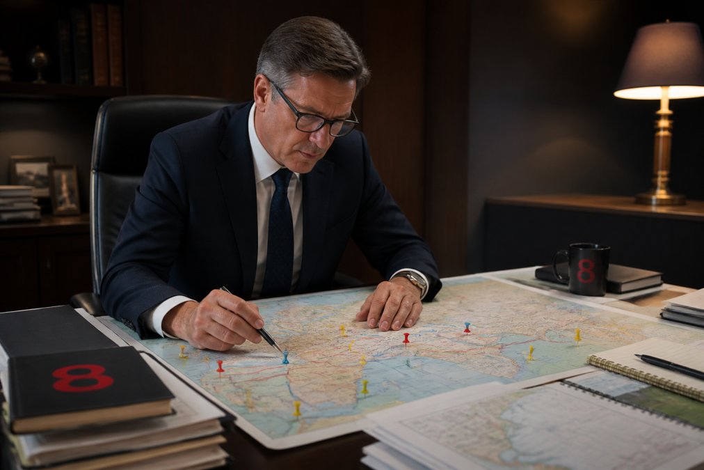 A senior procurement executive reviewing a large printed map of supply chain routes with colored risk markers, secure office, warm desk lighting