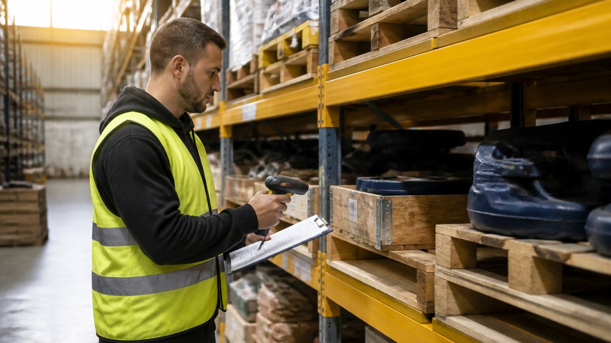 A warehouse operative in a high-vis vest counting stock on a shelving bay with a handheld scanner, clipboard and labelled pallets in a busy distribution centre aisle
