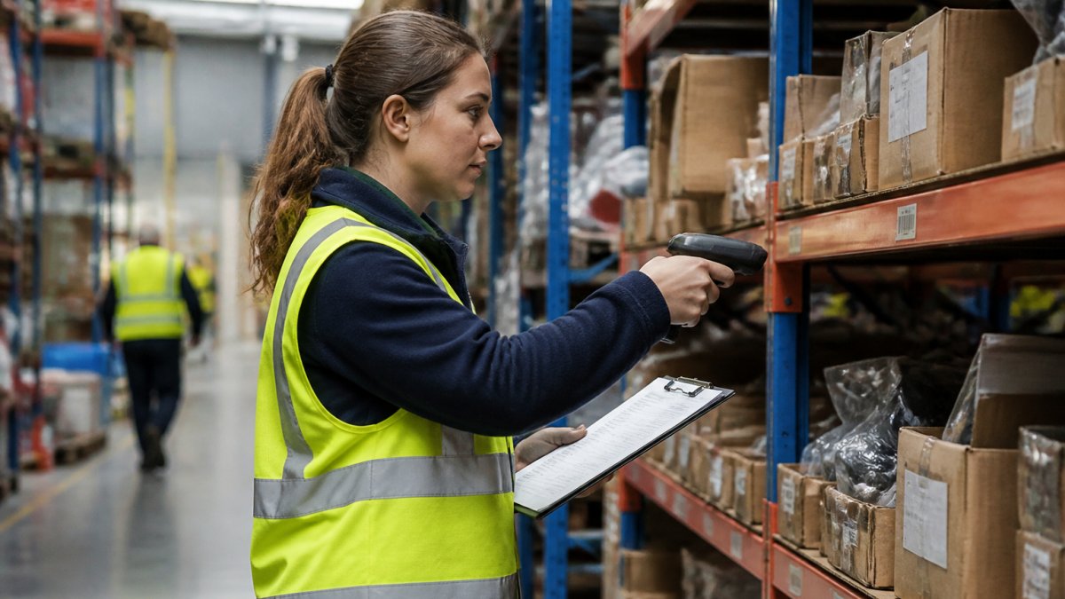 A warehouse operative in a high-vis vest counting stock on shelving with a handheld scanner, clipboard in hand, busy racking behind them