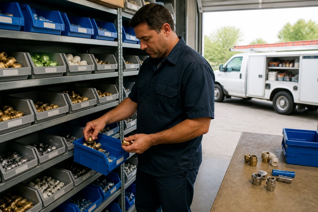 A maintenance technician in a clean storeroom organizing labeled bins of small brass and chrome plumbing parts, with a service truck visible through the open bay door behind him