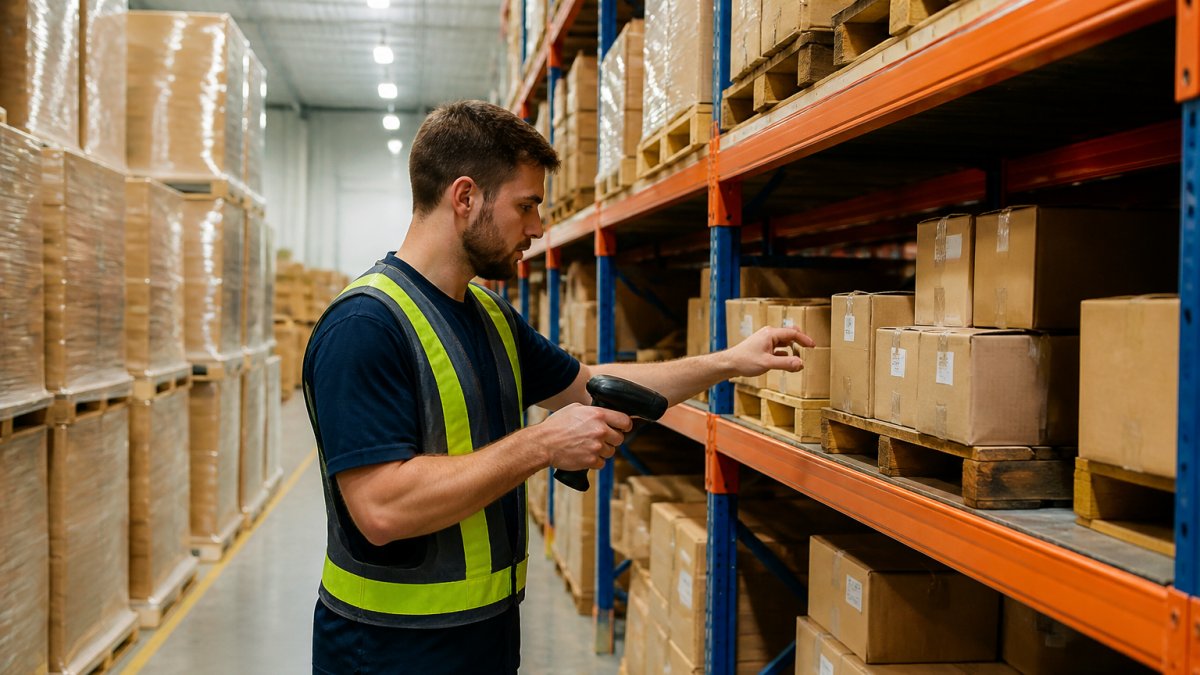 Professional warehouse worker scanning inventory with a handheld barcode scanner in a well-organized storage facility with labeled bins, shelving, and fluorescent lighting