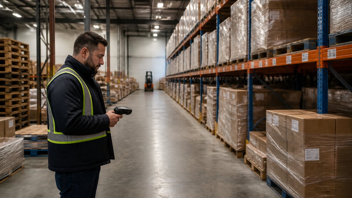 Warehouse staff scanning items on organized shelving while managing inventory with NetSuite in a logistics facility.