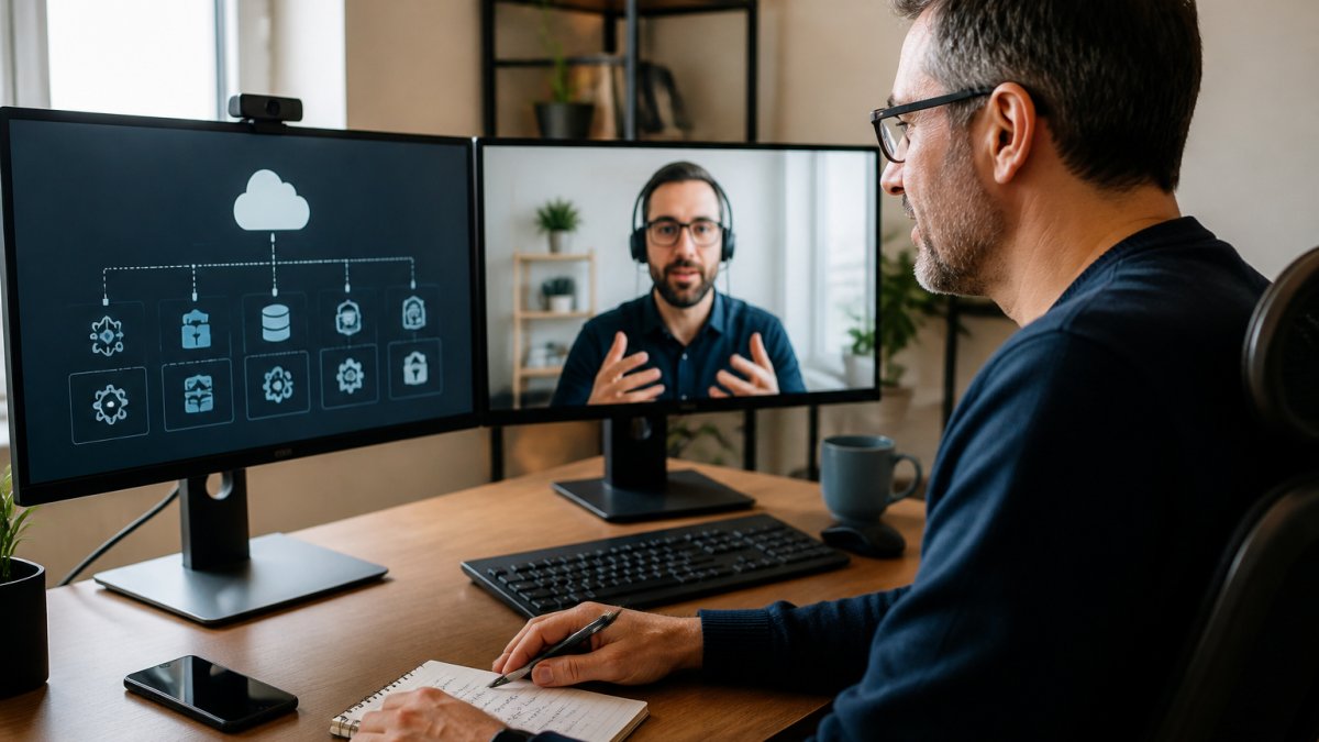 Infographic process for managing IT infrastructure remote teams via cloud collaboration and video conferencing.