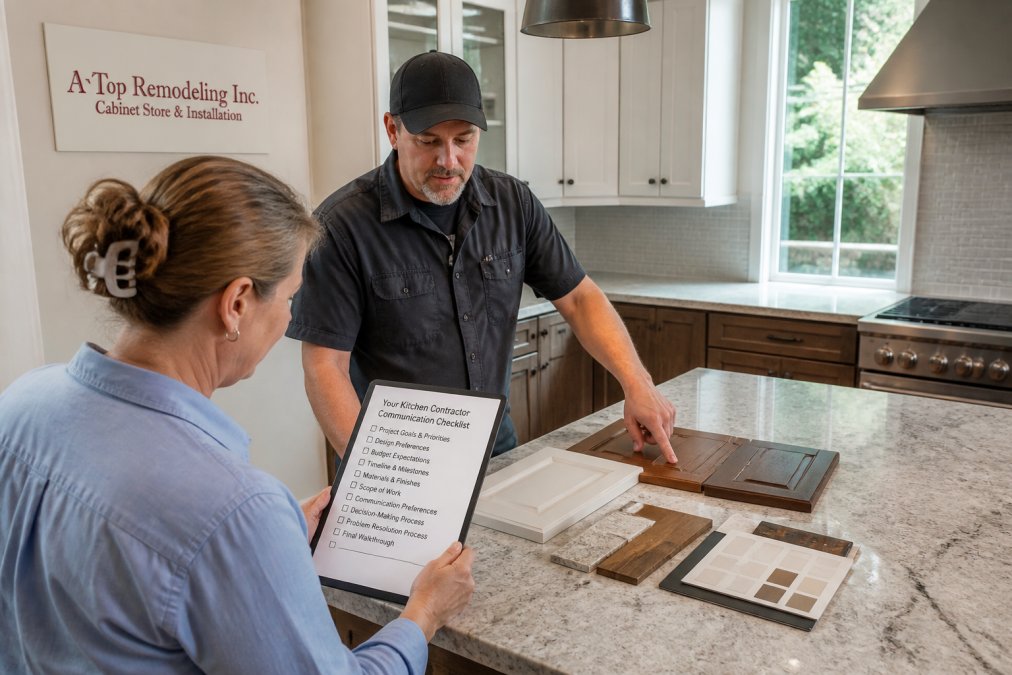 A homeowner in a bright kitchen reviewing a printed checklist on a tablet while a contractor in work clothes points at cabinet samples on the counter