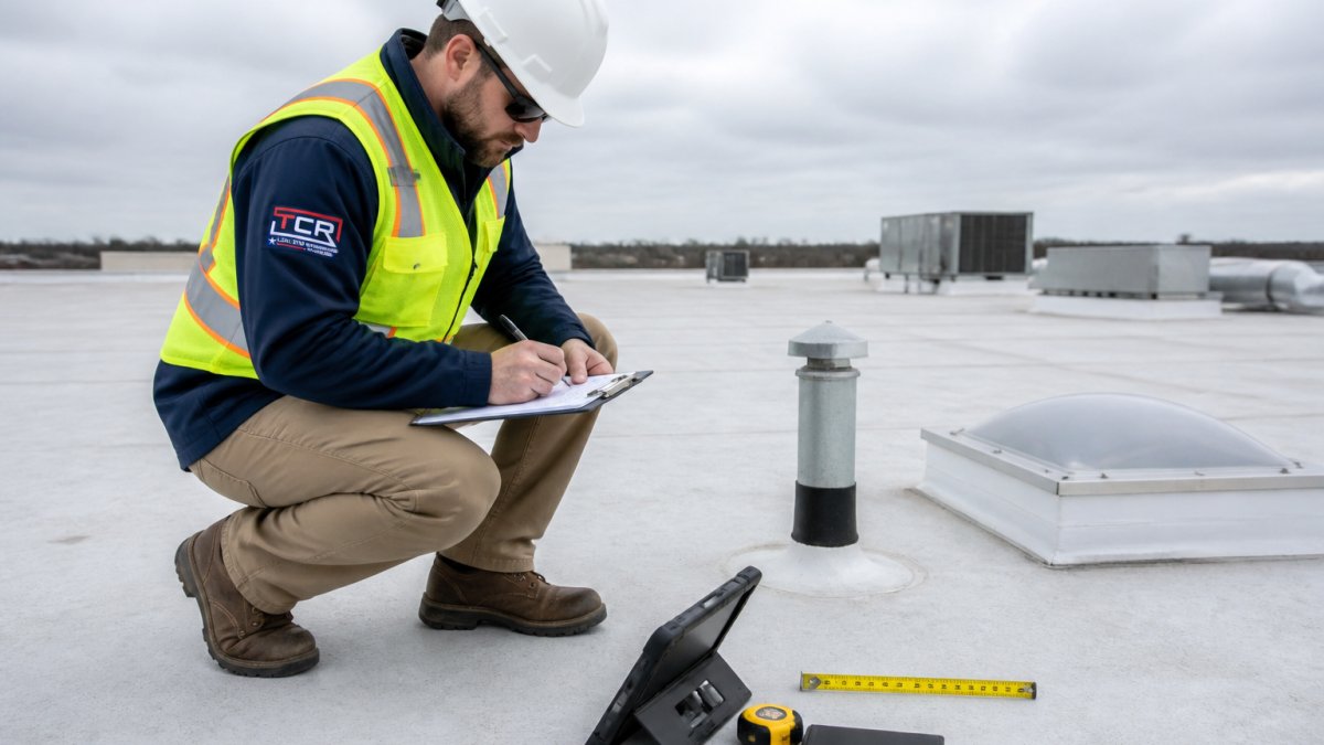 Professional roof inspector on flat commercial membrane roof examining condition with clipboard, measuring tools, and digital documentation device visible, overcast daylight